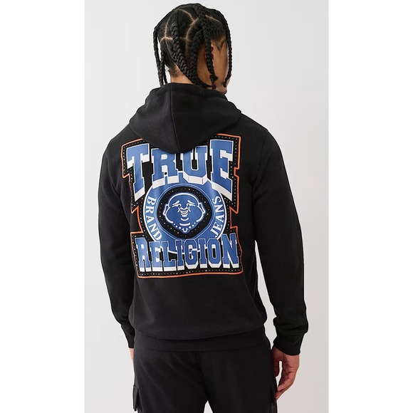 True Religion Studded Retro Logo Zip Black Hoodie Size Large Exclusive‎